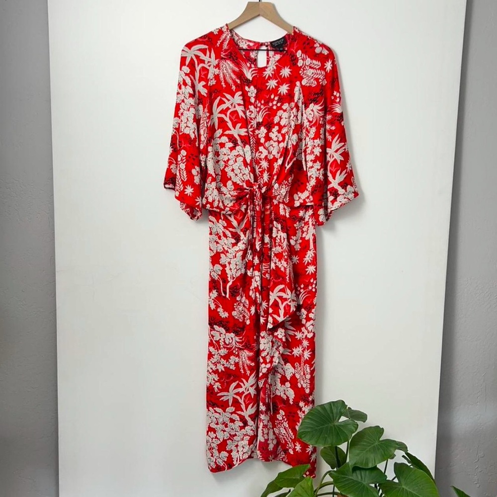 Topshop Red Floral Print Kimono Style Fern Dress, size 8